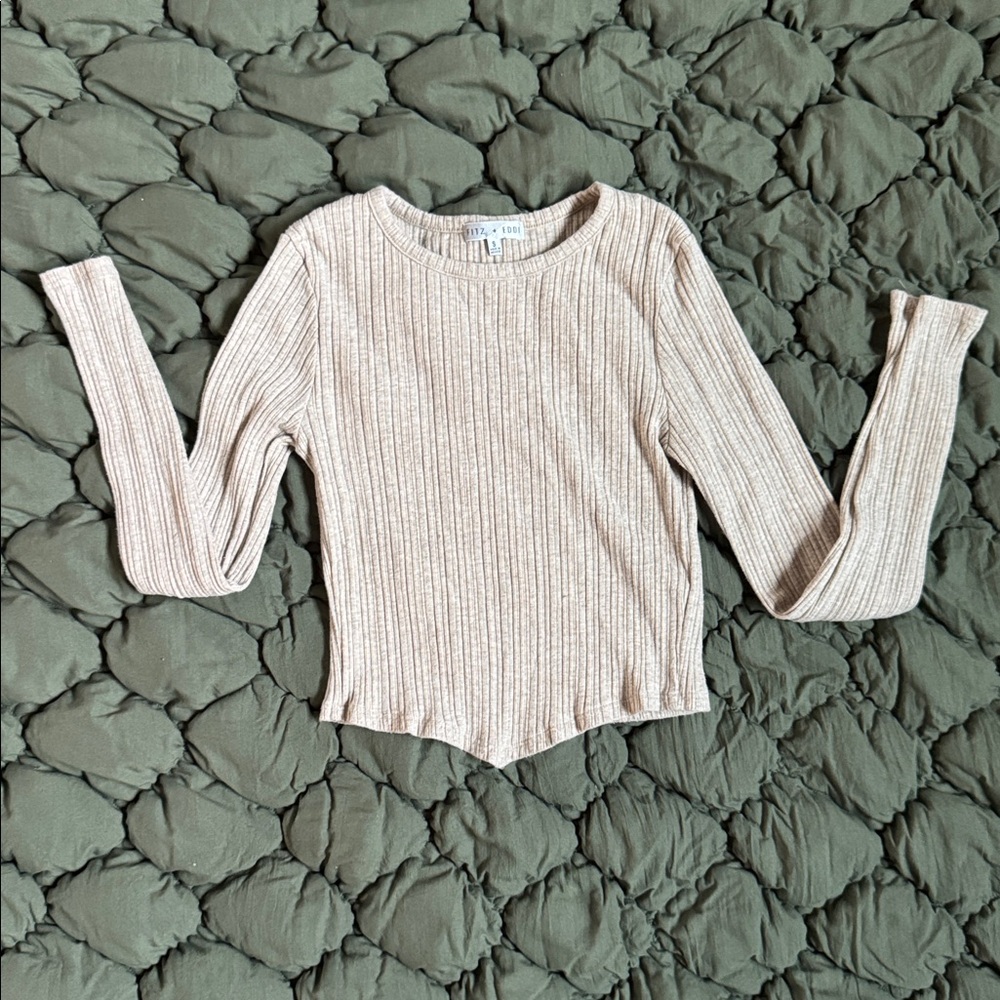 Beige Ribbed Long Sleeve Top